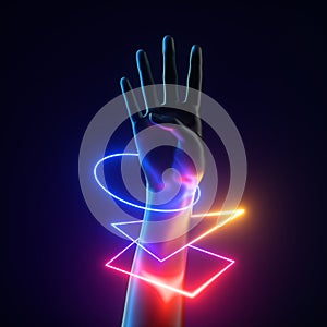 3d render artificial female hand with colorful neon light geometric bracelets. Human mannequin body part isolated on black