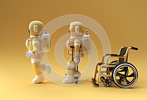 3D Render Astronaut Disabled Using Crutches To Walk with Weelchair 3D Illustration Design