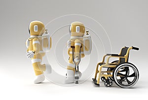 3D Render Astronaut Disabled Using Crutches To Walk with Weelchair 3D Illustration Design