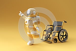 3D Render Astronaut Disabled Using Crutches To Walk with Weelchair 3D Illustration Design