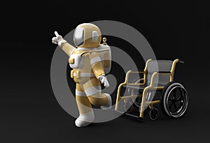 3D Render Astronaut Disabled Using Crutches To Walk with Weelchair 3D Illustration Design