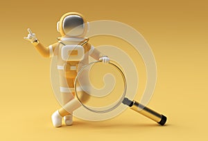 3D Render Astronaut Holding Magnify Glass on a Yellow Background