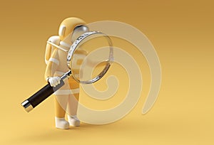 3D Render Astronaut Holding Magnify Glass on a Yellow Background