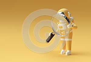 3D Render Astronaut Holding Magnify Glass on a Yellow Background