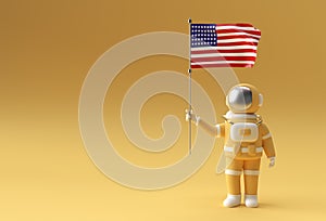 3D Render Astronaut holding Usa flag. 4th of July USA Independence Day Concept