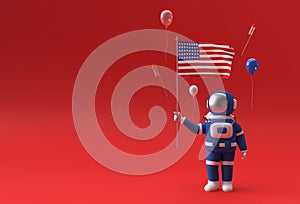 3D Render Astronaut holding Usa flag. 4th of July USA Independence Day Concept