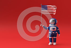 3D Render Astronaut holding Usa flag. 4th of July USA Independence Day Concept