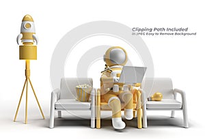 3D Render Astronaut in spacesuit working on laptop Pen Tool Created Clipping Path Included in JPEG Easy to Composite