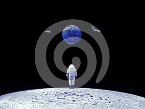 3d render, the astronaut stands on the moon and looks at the earth, shuttles fly around the earth astronaut stands on the moon