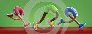 3d render, athlete cartoon character, running legs on stadium, marathon participants, sportive event.