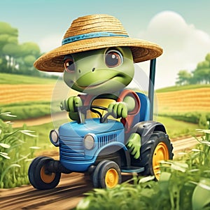 3D render of baby turtle wearing farmers clothes and driving a tractor