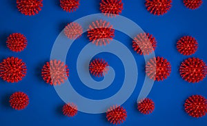 3d render background of virus models on blue. Coronavirus and COVID-19 global epidemy backdrop. Corona virus pandemy