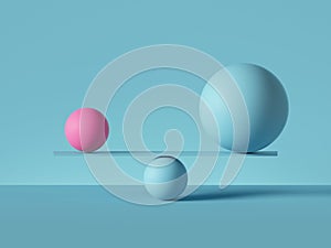 3d render, balancing balls placed on scales or weigher, isolated on blue background. Primitive geometric shapes. Balance metaphor