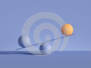 3d render, balls placed on scales, isolated on violet background. Primitive geometric shapes. Balance, comparison metaphor.