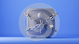 3d render, bank depositary safe box locked with chains, isolated on blue background. Savings protection concept