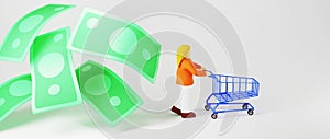 3D render of Banknote and shopping woman. Business online and e-commerce on web shopping concept. Secure online payment