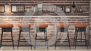 3D render Bar interior with stools, Architecturally designed interior with table, chairs, and brick wall