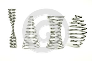 3d render of barrel spring, tapered springs, clepsydra spring. Set of realistic metal compression springs isolated on white