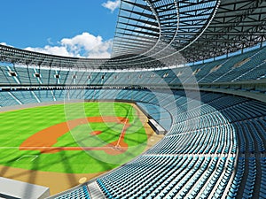 3D render of baseball stadium with sky blue seats and VIP boxes