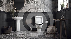 3d render of bathroom with black tiles and white toilet bowl in the corner