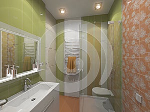 3d render of a bathroom in bright green and orange colors. 3d illustration of a small shower room.