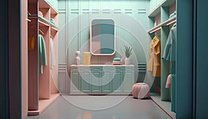 3d render of bathroom interior with mirror and shelf. 3d illustration