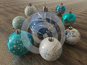 3D render of a beautiful blue and white holiday decorations on wooden surface