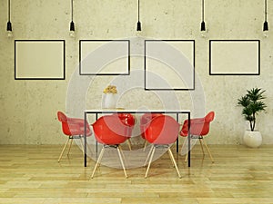 3D render of beautiful dining table with red chairs