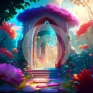 3D render of a beautiful fantasy garden with flowers and a door generative AI