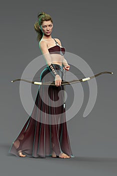3D render of a beautiful fantasy style female archer holding a bow and arrow