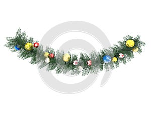 3D render of a beautiful holiday multicolor decorations and wreath decoration on white background
