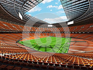 3D render of beautiful modern round rugby stadium with orange seats and VIP boxes