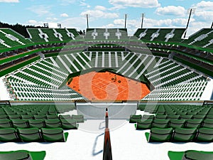 3D render of beautiful modern tennis clay court stadium green seats for fifteen thousand fans