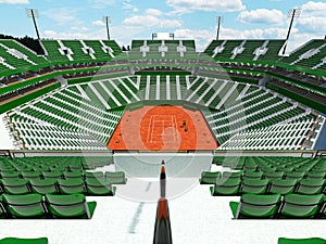 3D render of beautiful modern tennis clay court stadium green seats for fifteen thousand fans