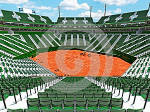 3D render of beautiful modern tennis clay court stadium green seats for fifteen thousand fans