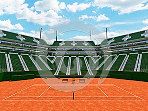 3D render of beautiful modern tennis clay court stadium green seats for fifteen thousand fans