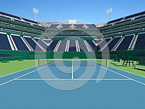 3D render of beautiful modern tennis stadium with hard court surface