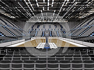 3D render of a beautiful sport arena for basketball with floodlights and gray seats