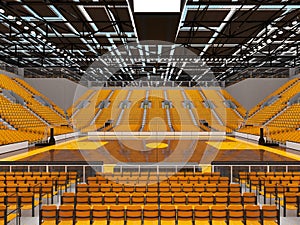 3d render of beautiful sports arena for basketball with yellow seats and VIP boxes
