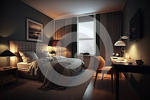 3d render of bedroom, hotel room, Generative AI