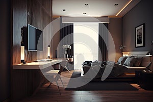 3d render of bedroom, hotel room, Generative AI