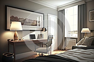 3d render of bedroom, hotel room, Generative AI