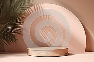 3d render of beige podium with palm leaves shadows on the wall. Mock up for product presentation - Ai Generated
