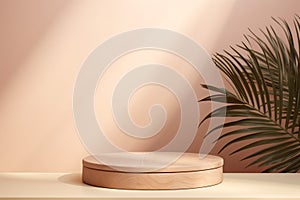 3d render of beige podium with palm leaves shadows on the wall. Mock up for product presentation - Ai Generated