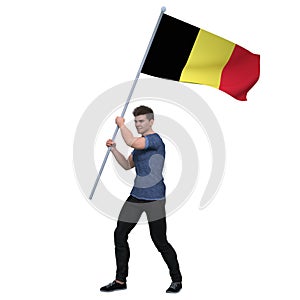 3D Render : an Belgian man is holding and waving the Belgium Country flag to cerebrate an important event