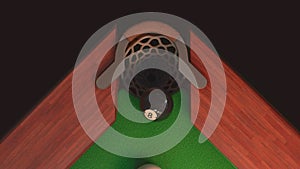 3d render billiard table from above blow on a black ball 8 it flies into the hole