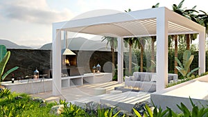 3D render of bio climatic pergola on private outdoor wooden patio