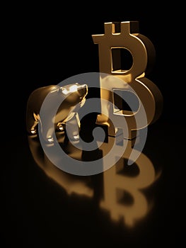 3d render of bitcoin symbol and bear over dark