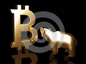 3d render of bitcoin symbol and bear over dark