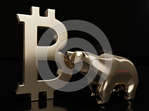 3d render of bitcoin symbol and bear over dark